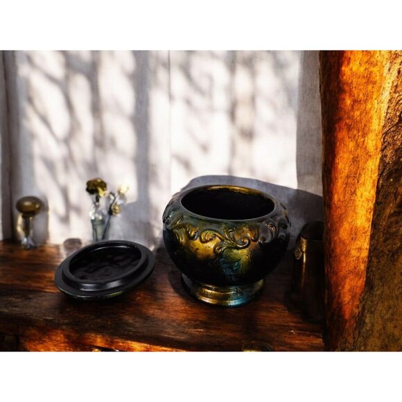 Antique Glazed Ceramic Jar with Lid Bohemian Rustic Decor 6" Tall - Picture 7 of 9